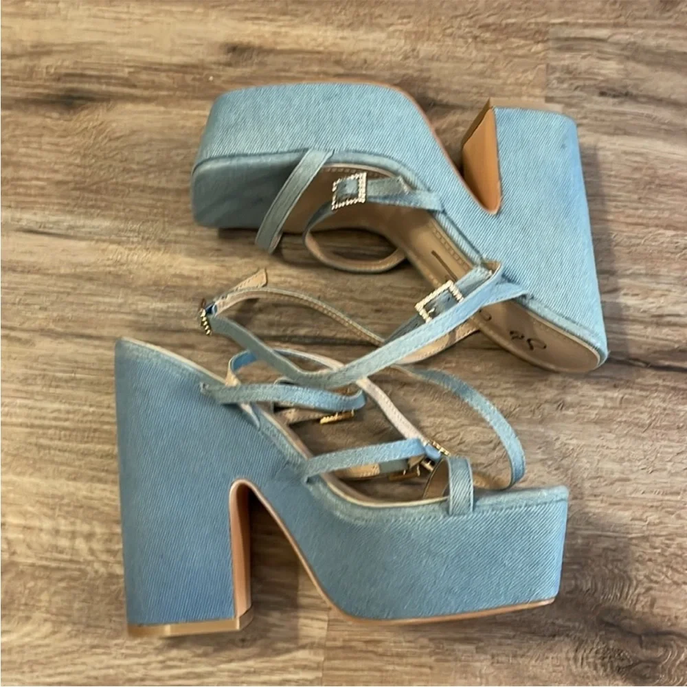 So Me Vintage Blue Denim Rhinestone Ankle Strappy Platform Heels